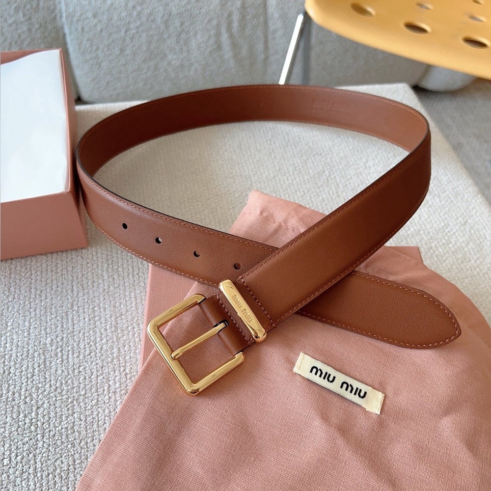 Miu Miu Brown Leather Men's Belt with Gold Buckle